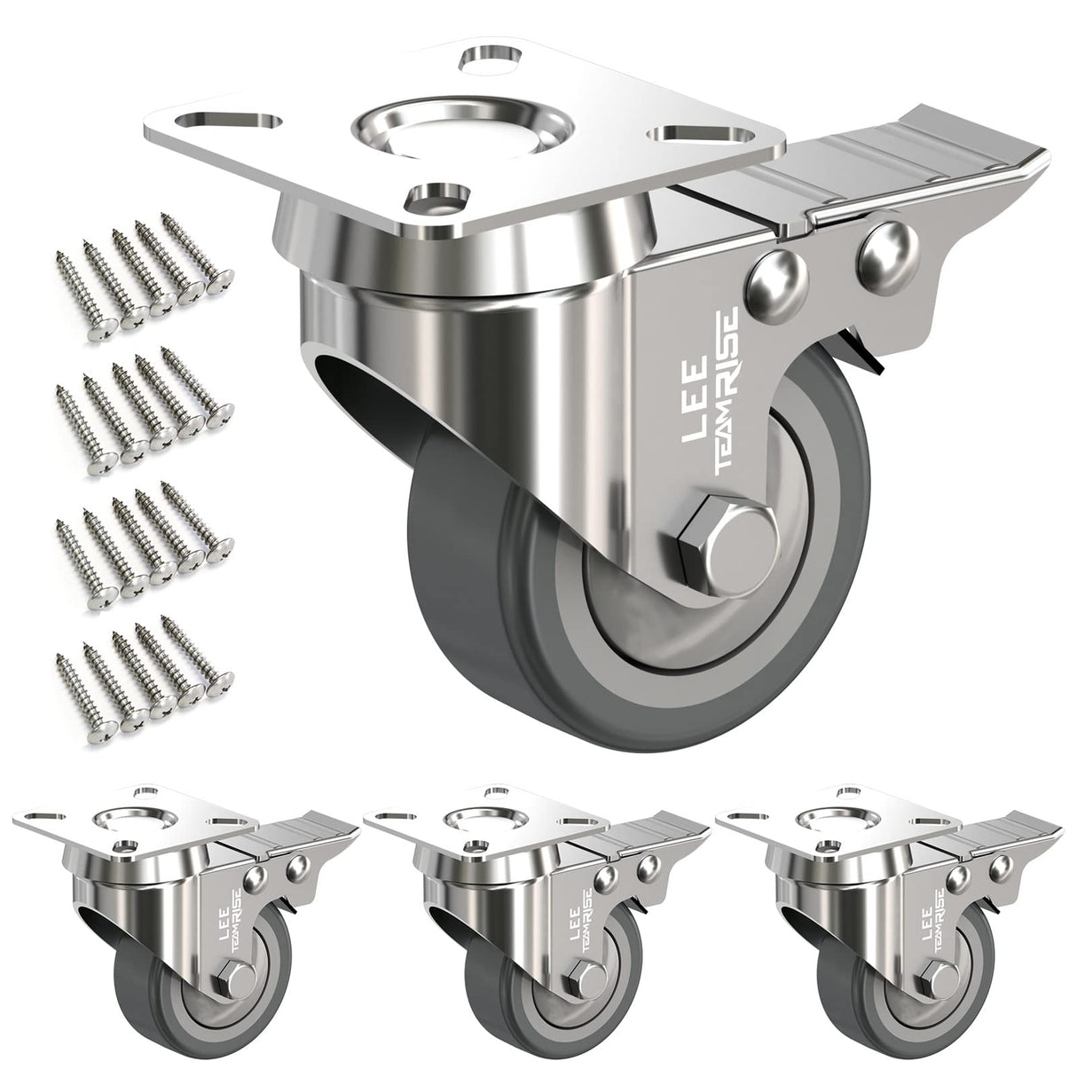 2" Caster Wheels Set of 4 Heavy Duty Plate Casters with Brake 2 inch Dual Locking Castors and No Noise TPR Rubber Wheel No Floor Marks Silent Castor Swivel for Furniture 4 Pack up 440Lbs, Free Screws LEE TEAM RISE