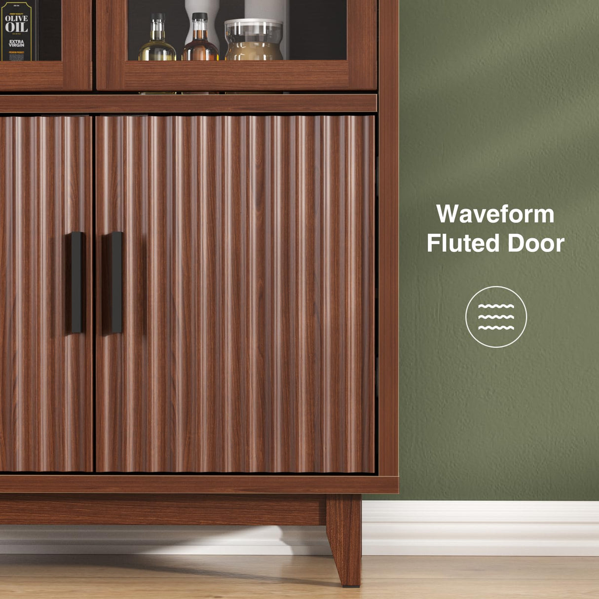 FiveWillowise 71" Tall Arched Cabinet with Glass Doors, Fluted Pantry Cabinet with Solid Wood Legs, Modern Accent Furniture for Living Room, Kitchen, Dining Room, Entryway, Walnut FiveWillowise