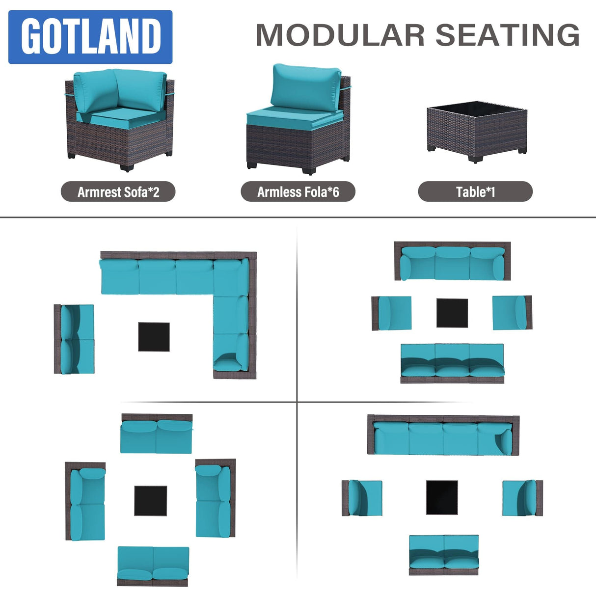 Gotland 9 Pieces Patio Furniture Set with 1 Coffee Table, Wicker Outdoor Sectional with 29.5'' High Backrest Waterproof Cushions, Conversation Sets in 4 Combinations for Deck Garden Pool Blue Gotland