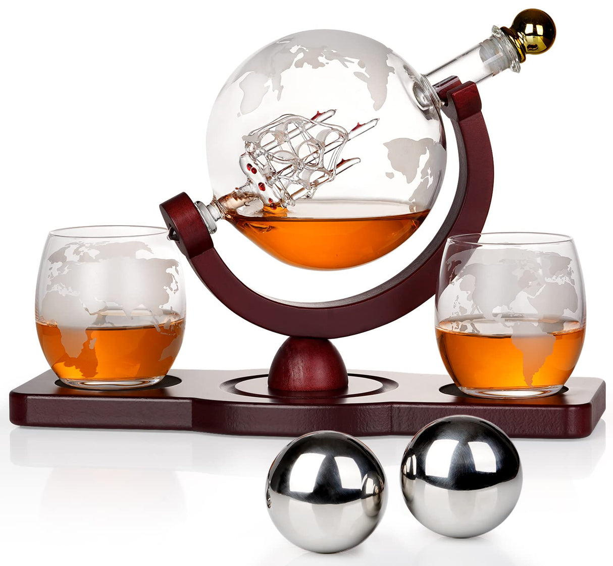 Gifts for Men Dad Christmas, PONPUR Whiskey Decanter Globe Set with 2 Ball Stones & 2 Glasses, Anniversary Birthday Gifts for Him Husband Boyfriend Brother, Cool Stuff Gift for Bourbon Scotch PONPUR