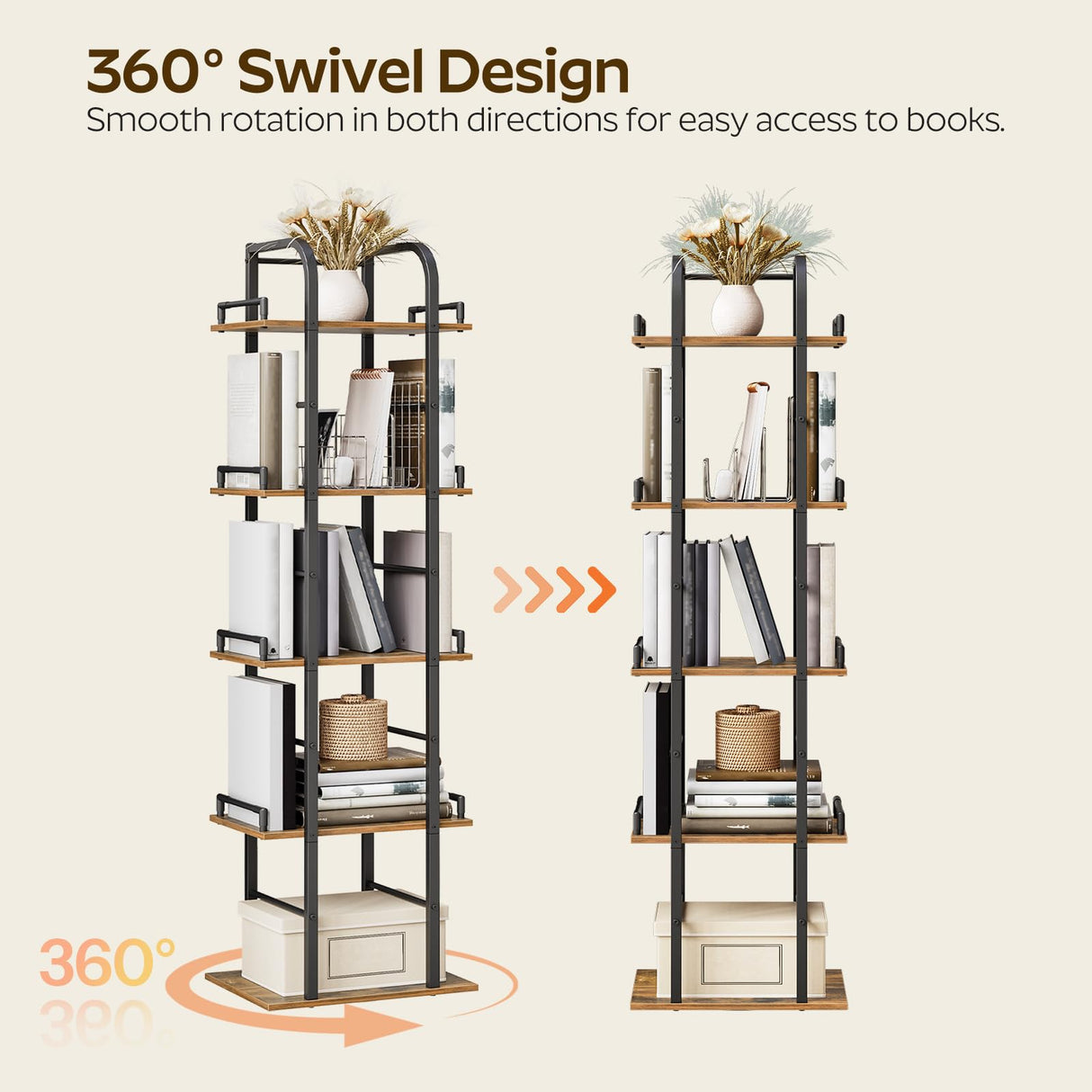 YATINEY Rotating Bookshelf, 5 Tier Spinning Bookcase Tower, 360 Display Narrow Bookshelf, Tall Industrial Corner Shelf Organizer, Storage Shelf Bookcase for Living Room, Rustic Brown and Black SJ02BR YATINEY