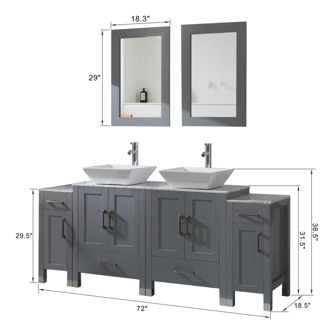 Homecart 72" Grey Bathroom Vanity Cabinet Double Sink Solid Wood w/Marbel Counter Top, 2 Mirrors Homecart