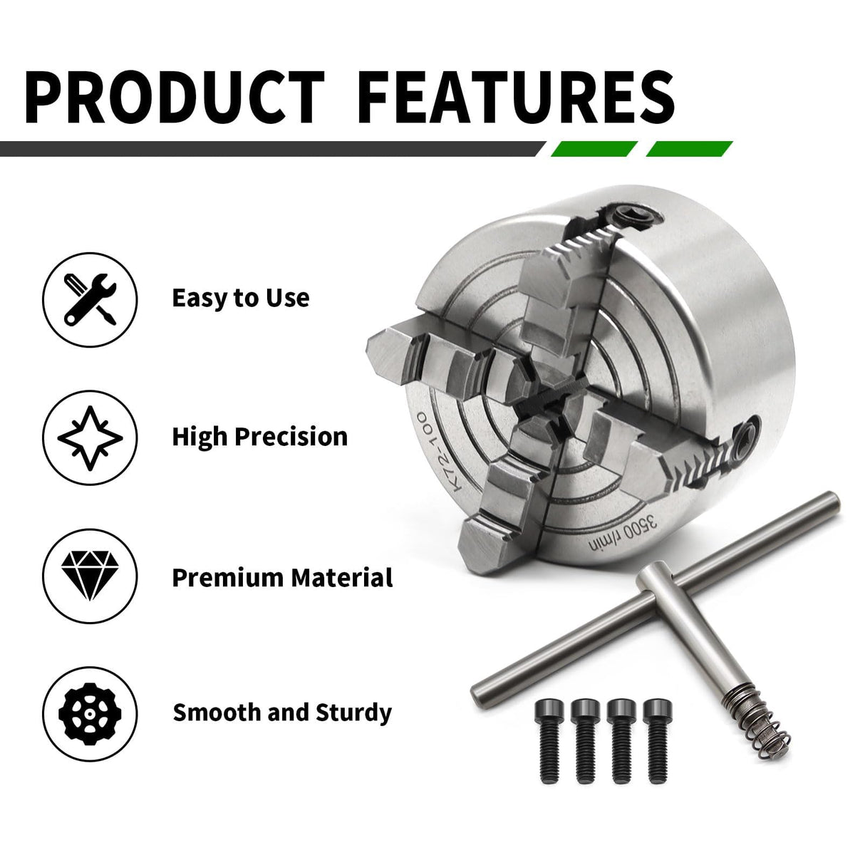 Yunnergo K72-100 Lathe Independent Chuck 4 Inch Manual Chuck 4 Jaw 3500 r/min Yunnergo