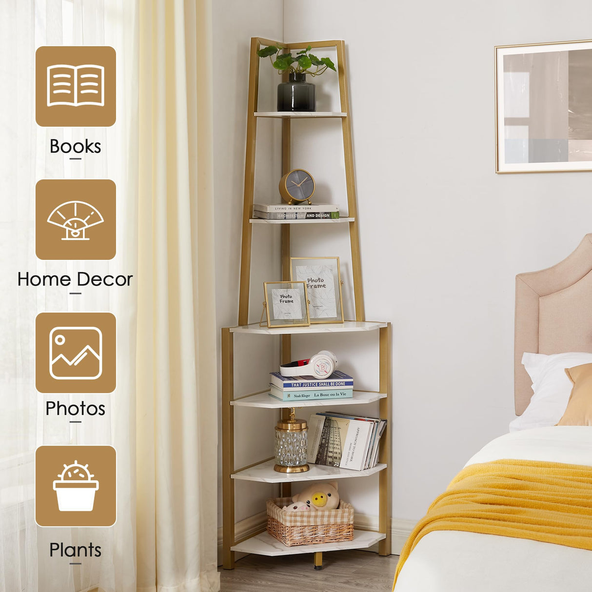 VECELO 6 Tier Corner Shelf 69 Inch Industrial Bookshelf with Metal Frame, Multipurpose Tall Plant Stand with Opening Display Shelves for Living Room, Bedroom, Home Office, Small Space, Gold VECELO