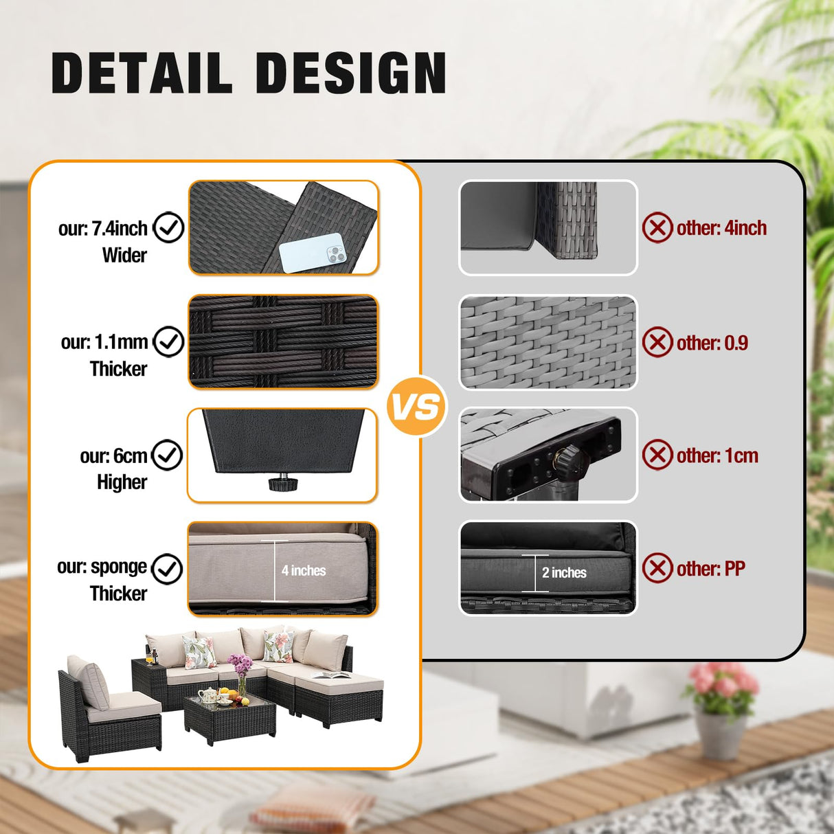 JOYURE 7 Pieces Patio Furniture Set All-Weather Outdoor Wicker Sectional Conversation Sofa Rattan Patio Seating Sofa with Cushion and Glass Table and Ottoman for Porch Poolside,Beige JOYURE