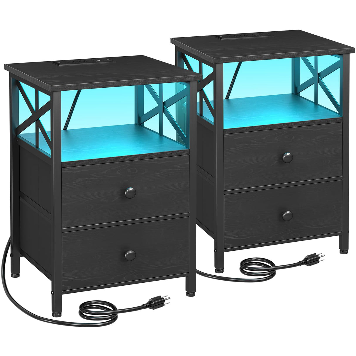 AMHANCIBLE Night Stand Set 2, LED Nightstands for Bedroom Set of 2 with Charging Station, End Table with USB Port and Outlet, Side Table with 2 Storage Drawers for Living Room, Black, HET052LBK AMHANCIBLE