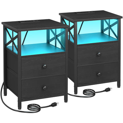 AMHANCIBLE Night Stand Set 2, LED Nightstands for Bedroom Set of 2 with Charging Station, End Table with USB Port and Outlet, Side Table with 2 Storage Drawers for Living Room, Black, HET052LBK