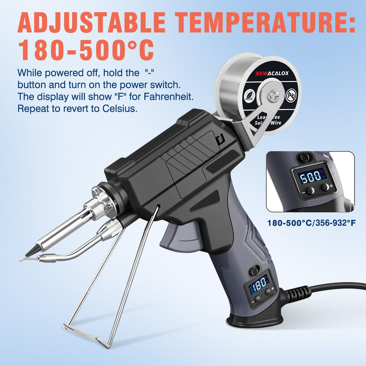 Soldering Iron Kit, Auto Feed Soldering Gun with LCD Display and ±1°C Precision Temp Control, 8-in-1 Set with Wire, Pump, Tip Cleaner, 5 Tips for Electronics Repair DIY, PCB, SMD NEWACALOX