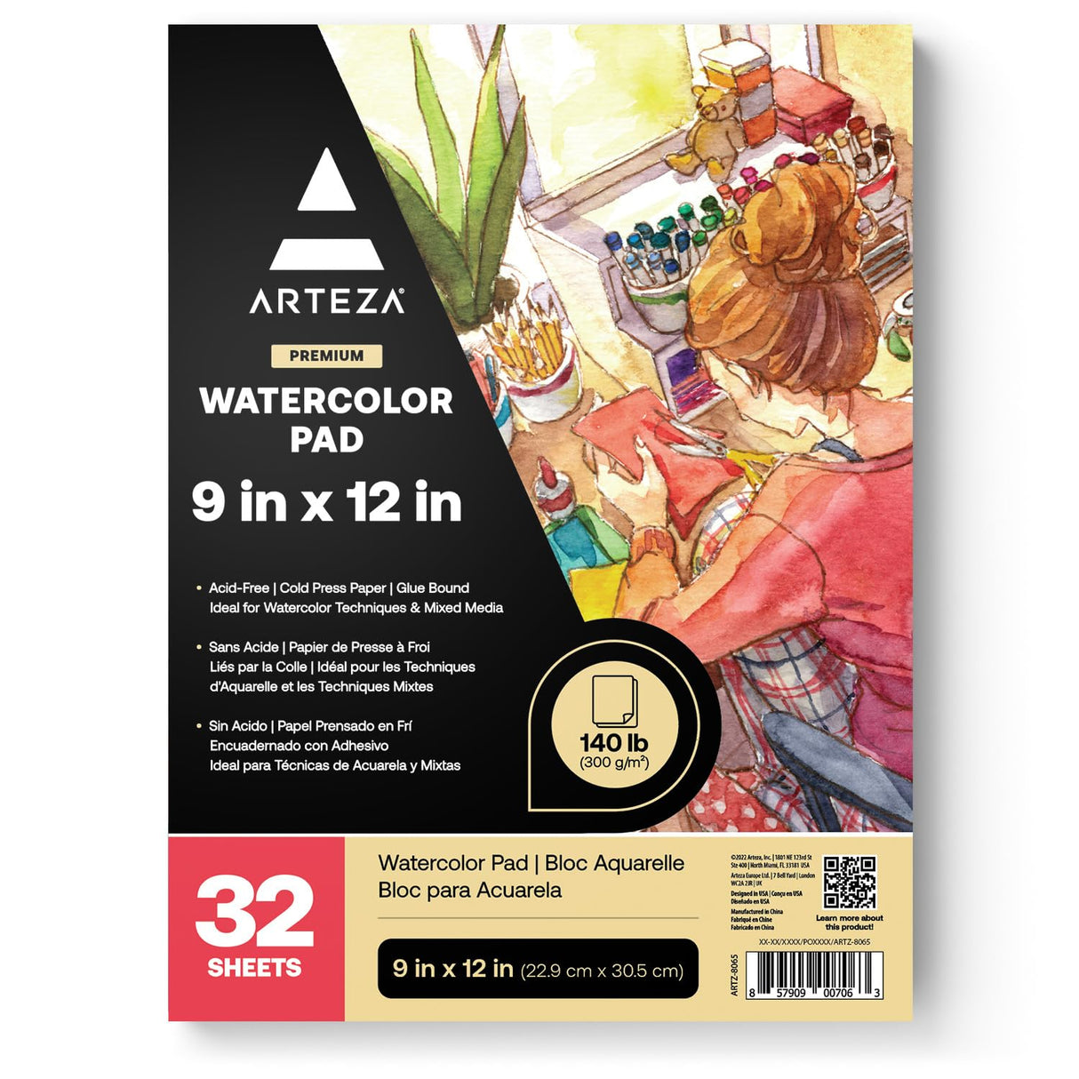 ARTEZA Watercolor Paper, 32 Sheets Each, 9x12 Inch Water Color Paper, 140lb/300gsm, Cold Press, Acid Free Art Paper ARTEZA