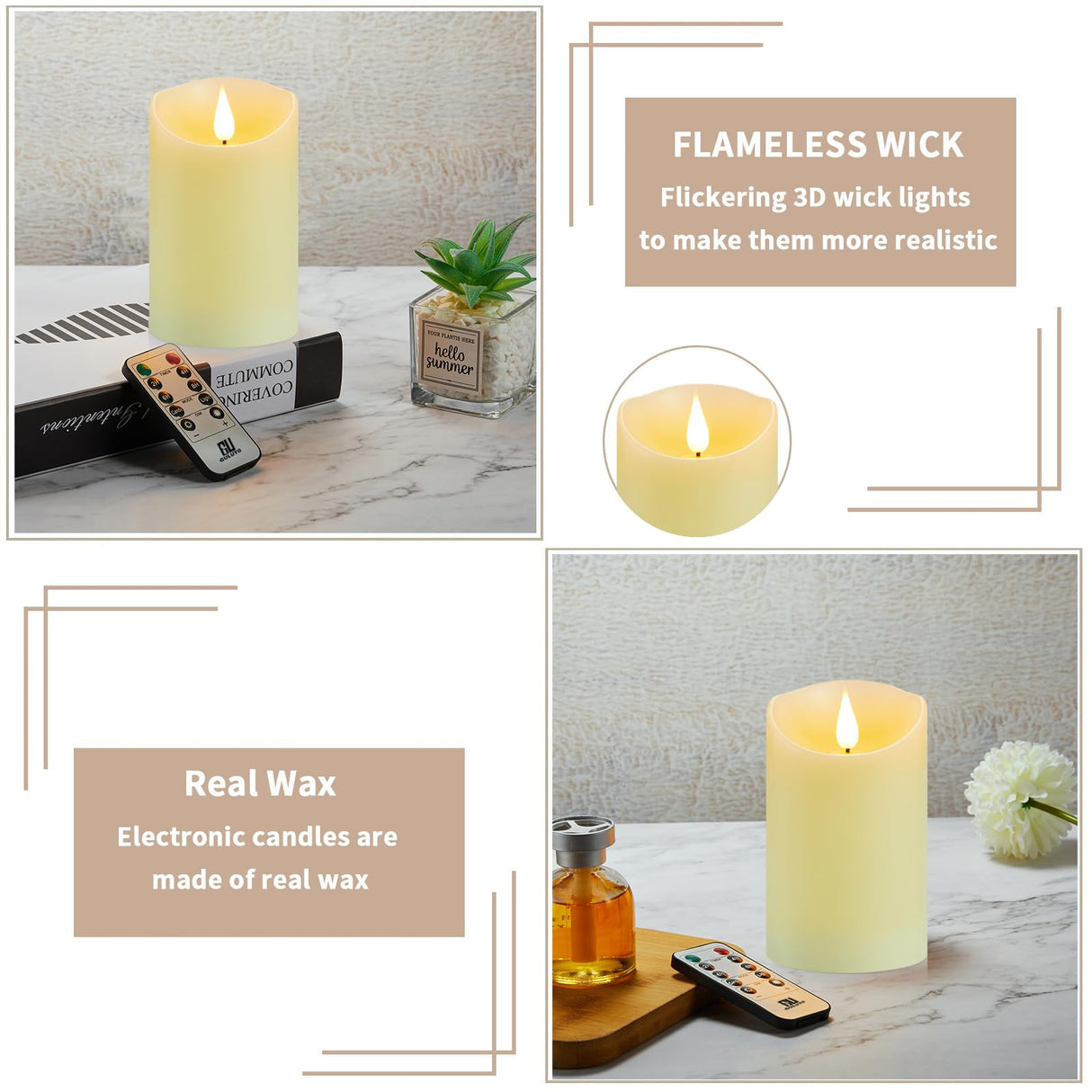 Guluto Rechargeable Candles, 3" x 6", Set of 2, Flameless Candles with Remote and Timer, led Pillar Candles Real Wax 3D Wick, led Ivory Candles for Home, Wedding, Birthday Guluto