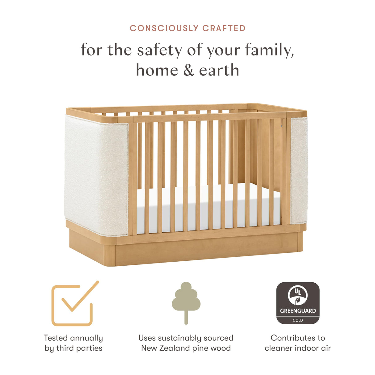 Babyletto Bondi Boucle 4-in-1 Convertible Crib with Toddler Bed Conversion Kit in Honey with Ivory Boucle, Greenguard Gold Certified babyletto