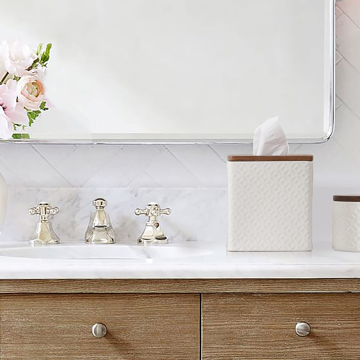 Motifeur Bathroom Accessories - Ceramic Tissue Holder with Wooden Lid, Decorative Square Tissue Cover Box (White and Beige) Motifeur