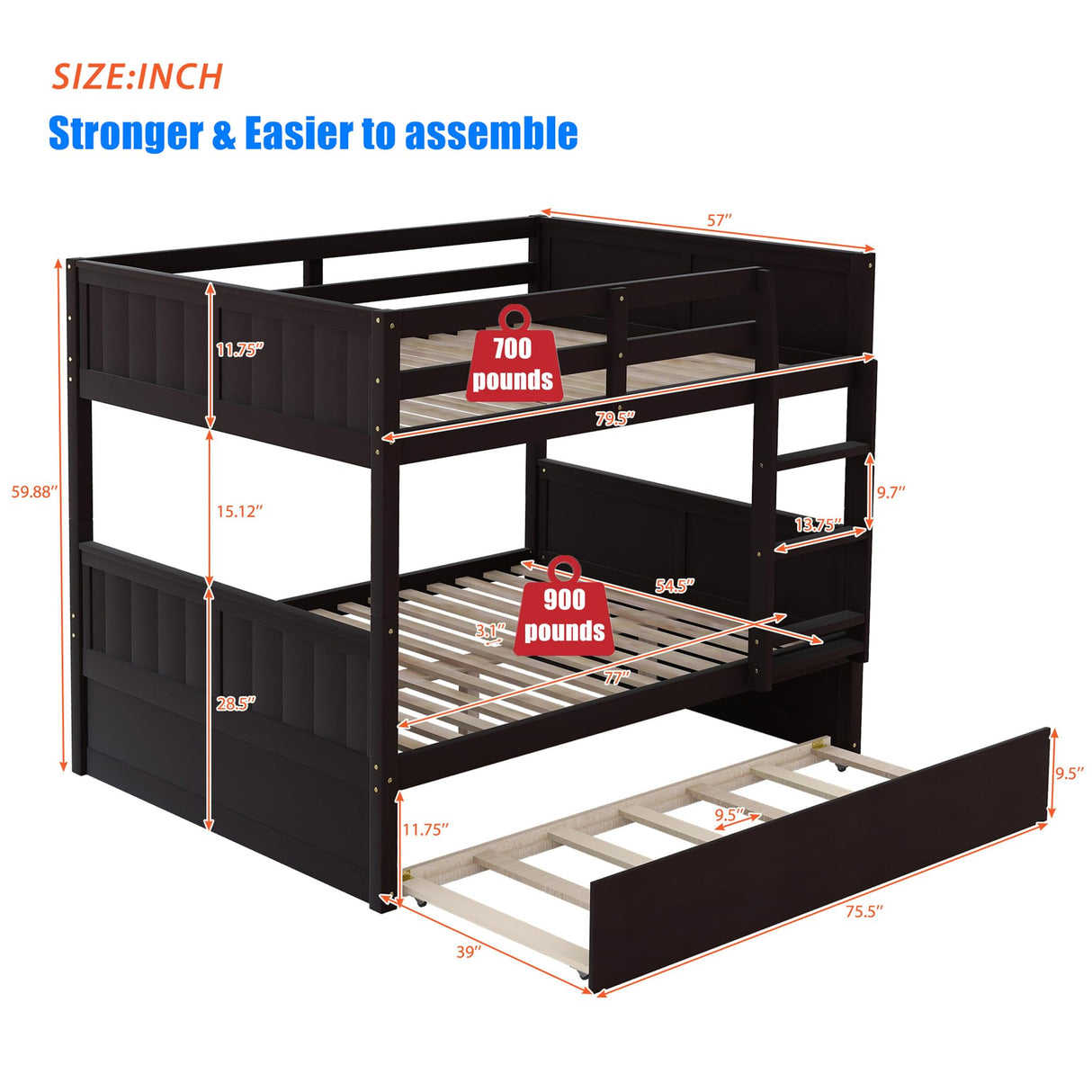 TSAMPA Latest Upgraded & Stronger Heavy Duty Solid Wood Full Over Full Bunk Bed with Trundle, Thickened Safer Convertible Bunkbed Frame (Easier to Assemble) (Espresso) TSAMPA