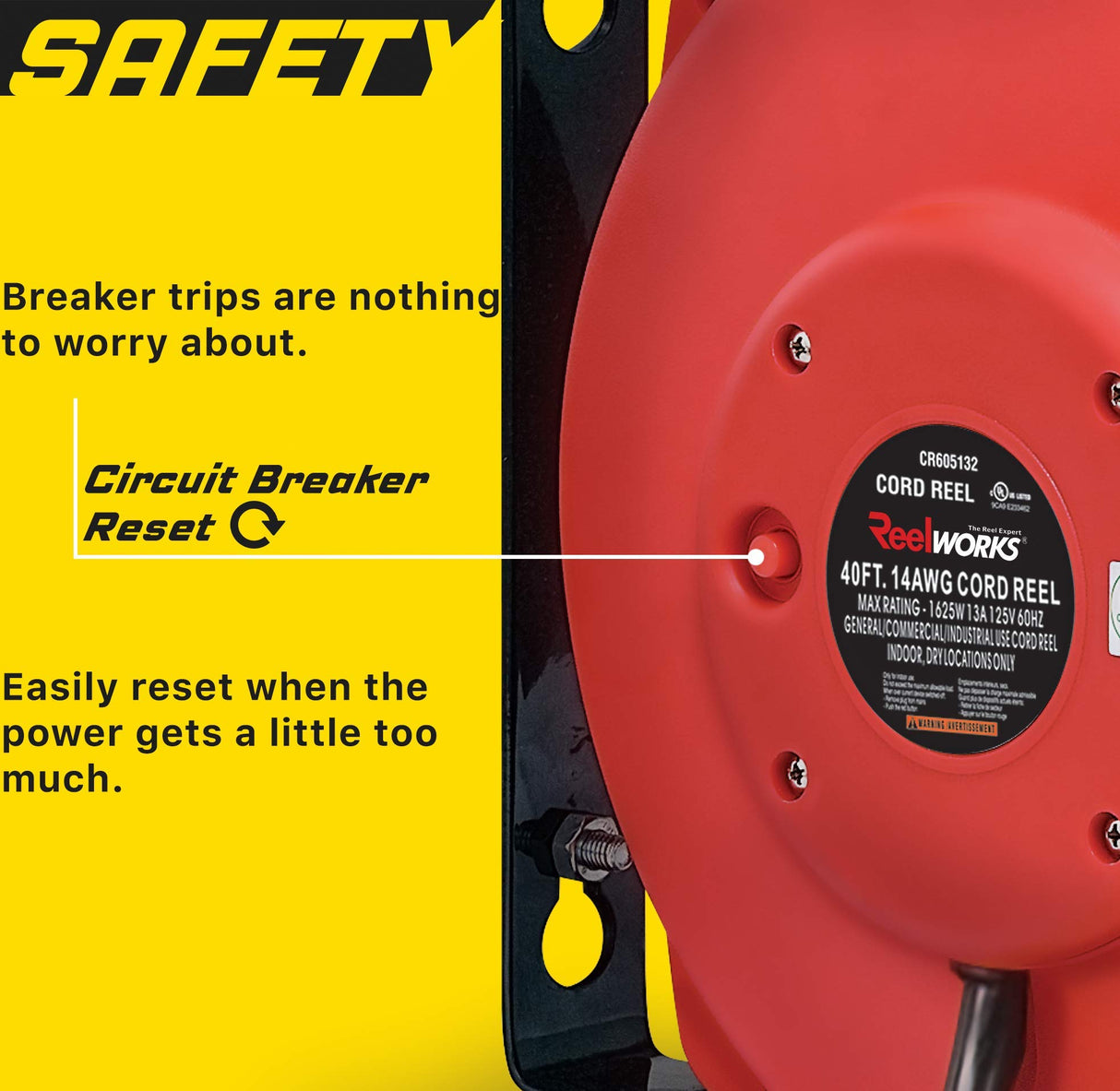 ReelWorks Extension Cord Reel Retractable, 14AWG x 40' Ft 3C SJT, Wall Mount Kit, 3 Outlet/Triple Tap Connector ReelWorks