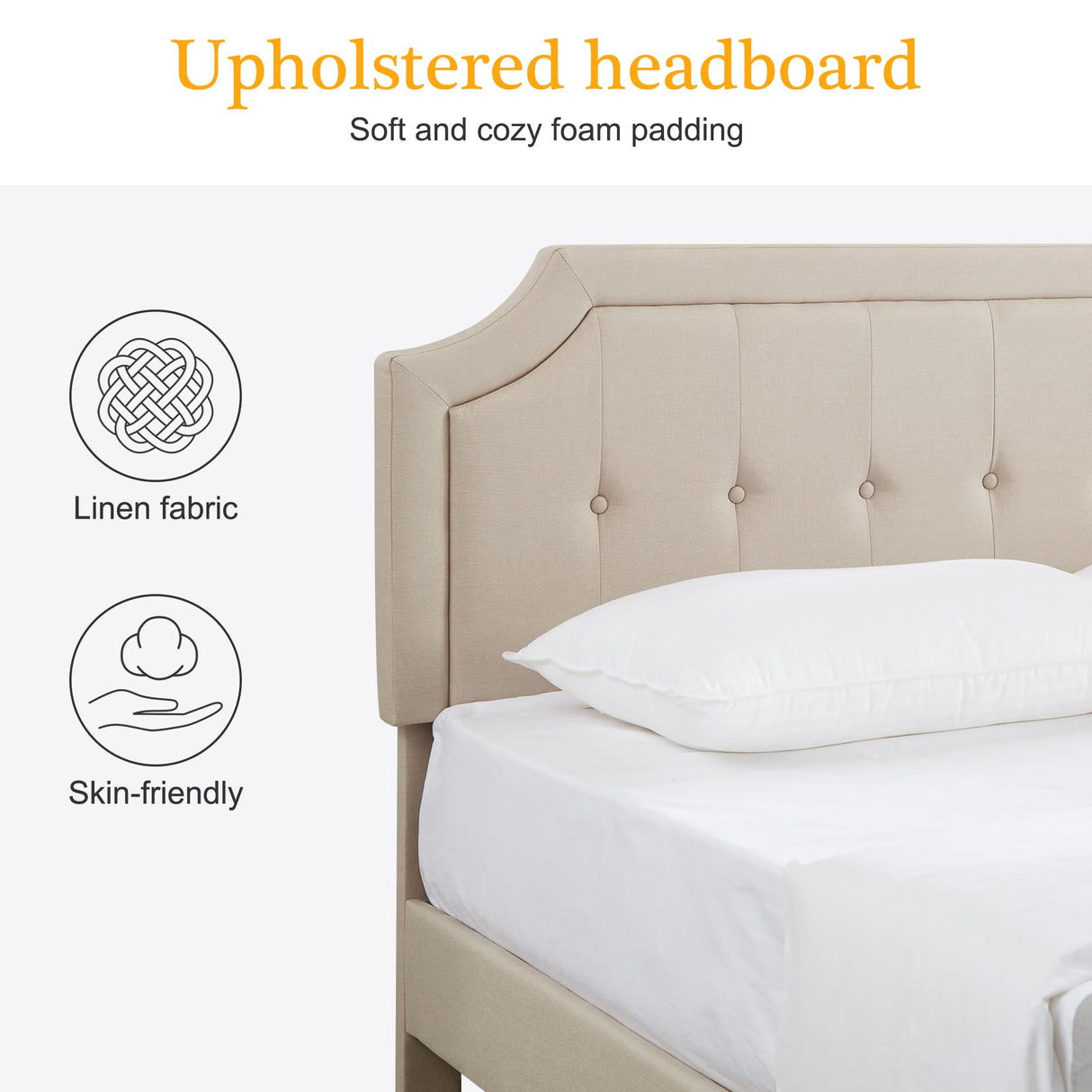 VECELO Queen Upholstered Platform Bed Frame with Adjustable Button Stitched Panel Headboard,Strong Wood Slat Support,Velcro Design,Mattress Foundation/Easy Assembly,Beige VECELO
