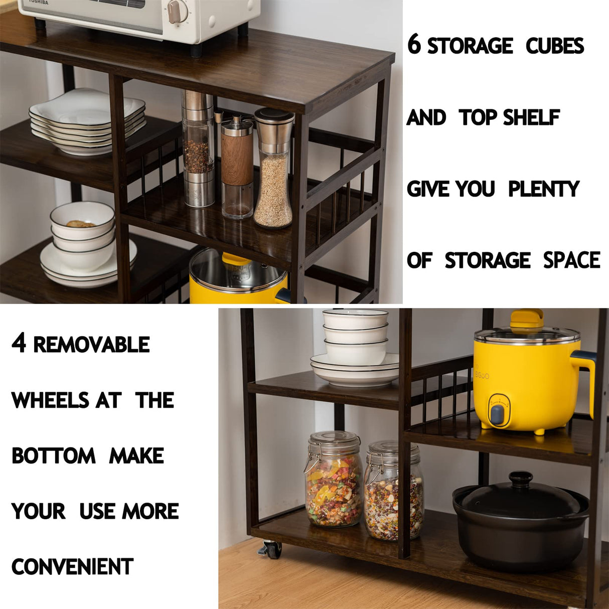 Bamboo Kitchen Baker’s Rack,4-Tier+4-Tier Coffee Bar, Microwave Oven Stand, Large Capacity Utility Storage Shelf Cart on Wheels for Home Kitchen, Living Room and Entrance, Accent (Dark Brown) SHUOXIANG