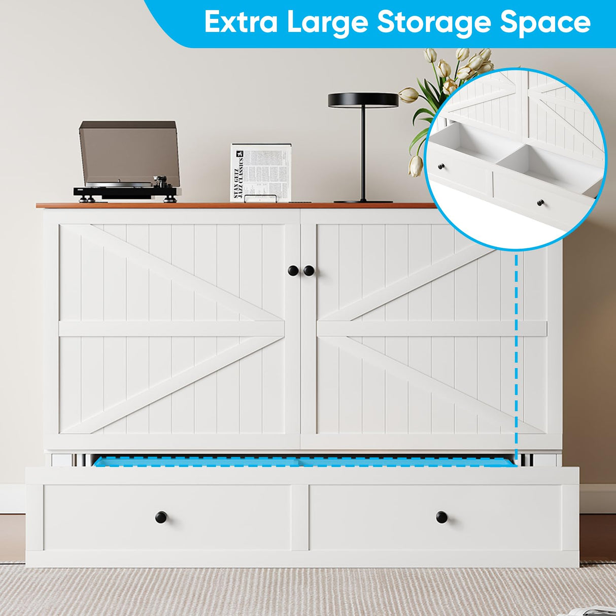 Mjkone 57.5" Width Full Size Cabinet Murphy Bed with Charging Station, Mattress Included, Storage Murphy Bed Chest Wall Cabinets Beds with Foldable Panel for Guest Small Spaces, Home Offices, White Mjkone