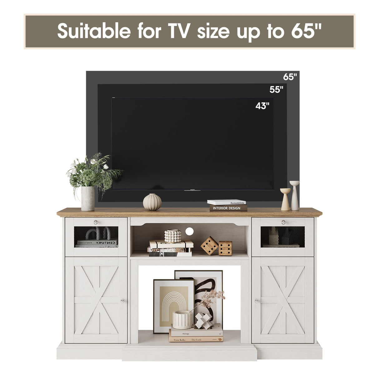 Maupvit Modern Farmhouse TV Stand for 65 Inch TV, Entertainment Center with Storage Cabinets and Adjustable Shelves, Wood TV Media Console Storage Table and Media Furniture for Living Room, Milk White Maupvit