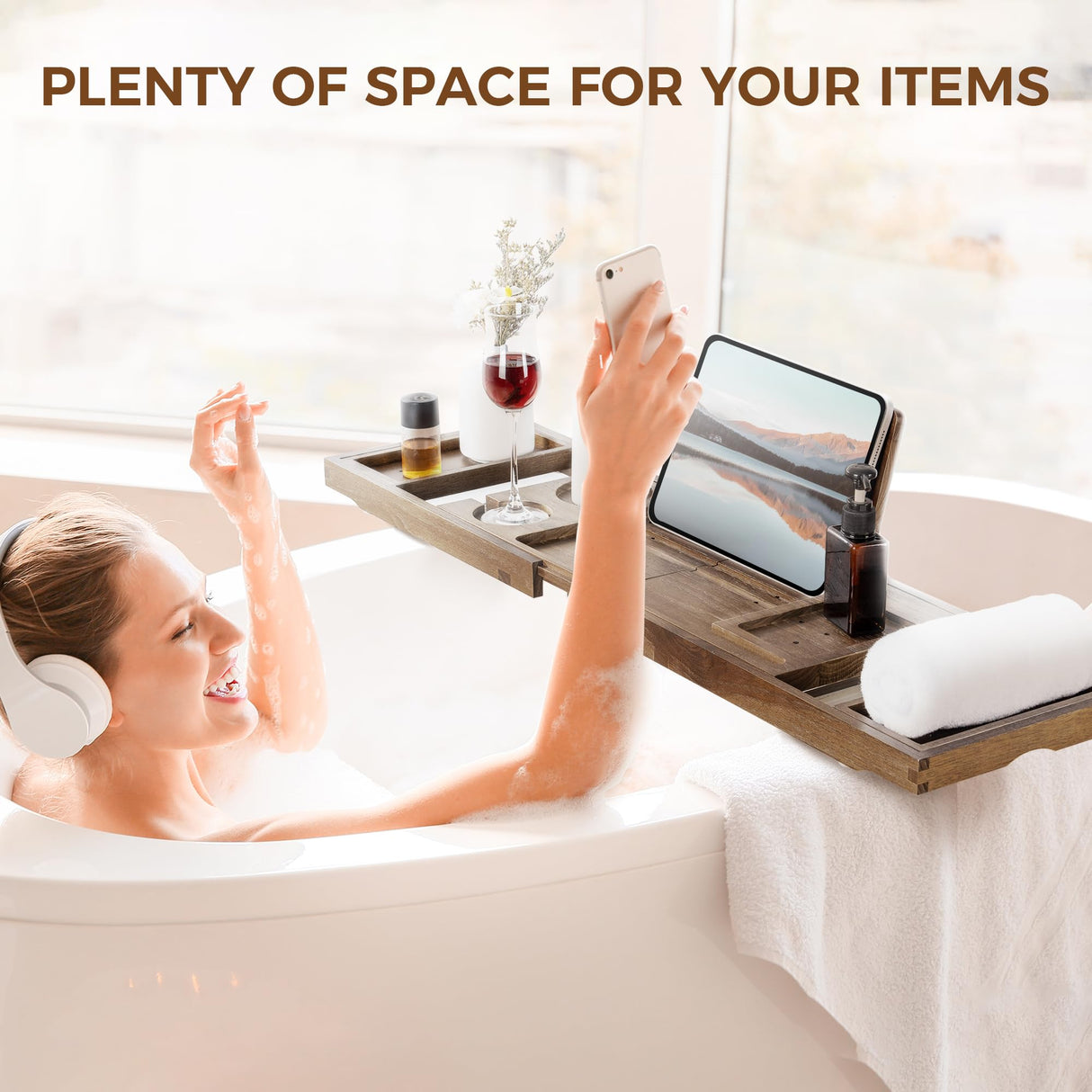 Teak Bathtub Tray - Luxury Bath Tray with Expandable Handles, Wine Glass and Phone Holders, Book Stand - Perfect for Home Spa Relaxation and Reading - Natural Bath Accessories Fun Memories