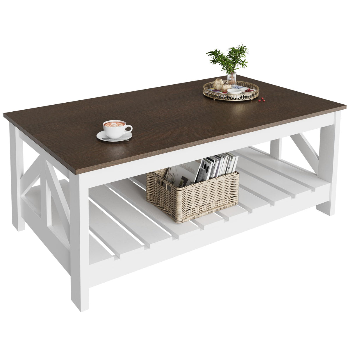 YESHOMY Farmhouse Coffee Table, Wood Square Open Storage Compartment for Living Room, Brown and White YESHOMY