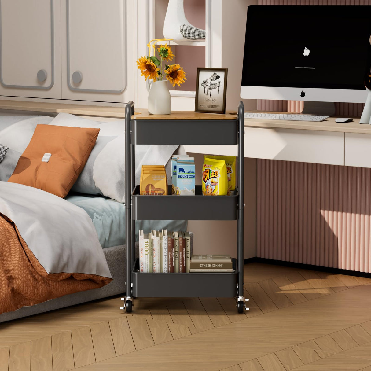 johgee 3 Tier Rolling Cart with Table top, Metal Utility Cart, Sturdy Storage Organizer Cart with Locking Wheels & Hooks for Office, Classroom, Kitchen and Bathroom johgee