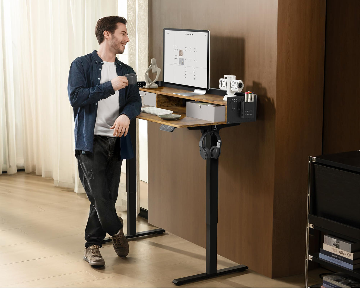 WALKINGDESK 48x24 Inches Electric Standing Desk with 2 Drawers, Height Adjustable Stand up Desk for Home Office, Ergonomic Sit to Stand Desk with Storage Shelf, DIY Board, Hooks, Rustic Brown WALKINGDESK