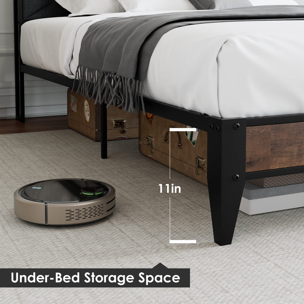 Homhougo Queen Size Bed Frame with Integrated Charging Station and Storage Shelf, Noise-Free Design in Light Gray Homhougo