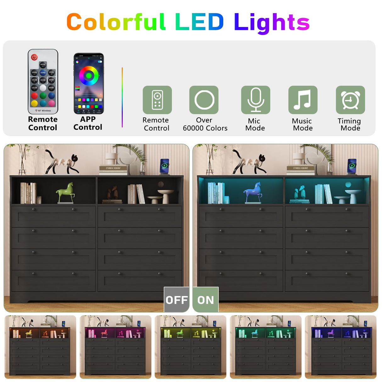 GarveeHome 55" W Black Dresser for Bedroom, 8 Drawer Dresser with Led Lights and Charging Station, Large Chest of Drawers Storage Organizer with Storage Shelves for Living Room, Entryway GarveeHome