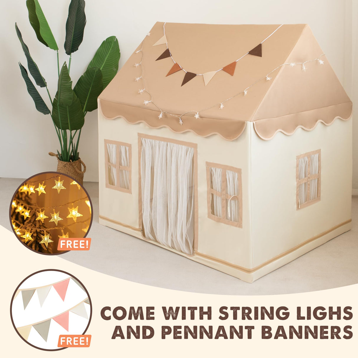 Duwenem Kids Tent with Basic Mat Large Kids Playhouse Indoor with Star Light Toddler Play Tent for Kids Toy House Gift 52“x47”x 40“(Coffee Cream) Duwenem