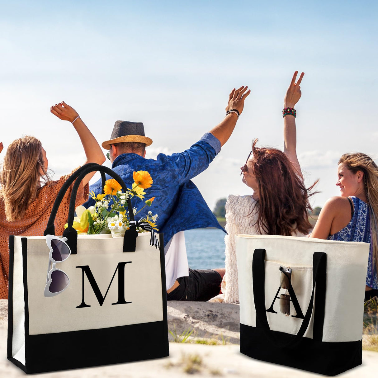 Sanwuta 4 Pack Sublimation Canvas Tote Bags DIY Canvas Makeup Bags Reusable Grocery Bags with Handles Cosmetic Bag(Black White) Sanwuta