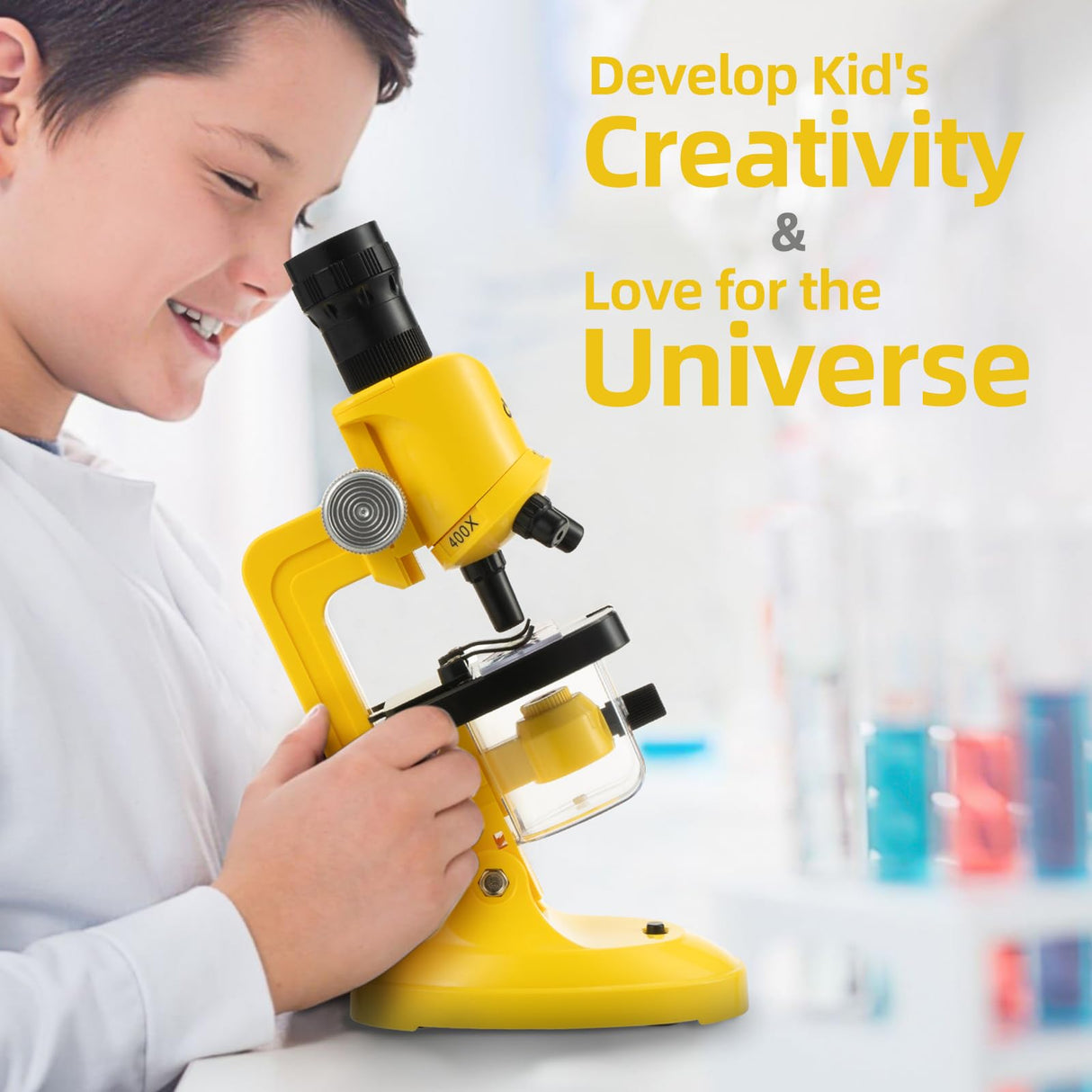 Science Kits for Kids Beginner Microscope with LED 100X 400X and 1200X-Include Sample Prepared Slides 12pc- Educational Toy Birthday Gift Yellow Little World