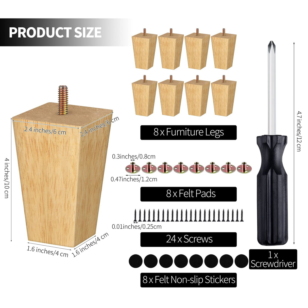 TURSTIN Set of 8 Furniture Legs 4 Inch Square Solid Wood Couch Legs Replacement Sofa Legs Mid Century Furniture Feet for Armchair Bed Dresser Cabinet Include Installation Hardware, Natural TURSTIN