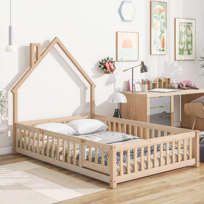 TURRIDU Full Size Montessori House-Shaped Floor Bed with Fence and Door in Natural Wood