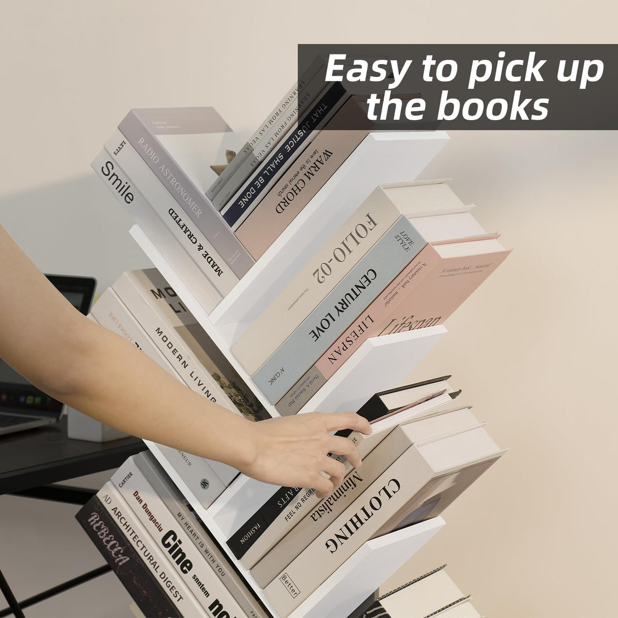 SHEEPAM 8 Tier Tree Bookshelf with Drawer, Free Standing Wood Bookcase for Living Room, Bedroom, Home Office, Space Saving Storage Organizer Bookshelves for Books, CDs, Vinyl Records- White SHEEPAM