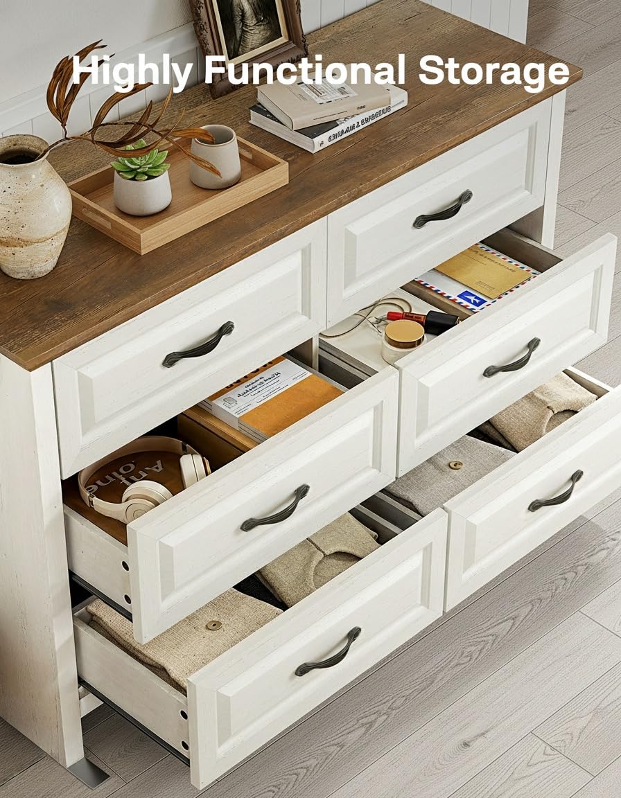 Marsail Farmhouse 6 Drawer Dresser, Wood Chest of Drawers with Natural Texture, Smooth Gliding Drawers, Versatile Storage Organizer Cabinet for Bedroom & Living Room, White and Brown Marsail
