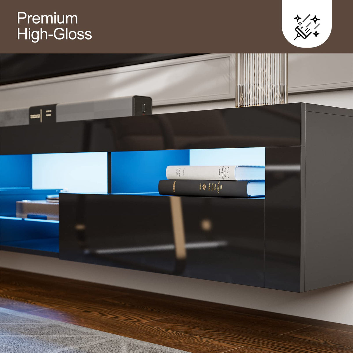 AOVSA LED Floating TV Stand for 85 Inch TV, Black High Glossy Wall Mounted Haning TV Stand with Cabinets, Entertainment Center Console Shelf for Living Room AOVSA