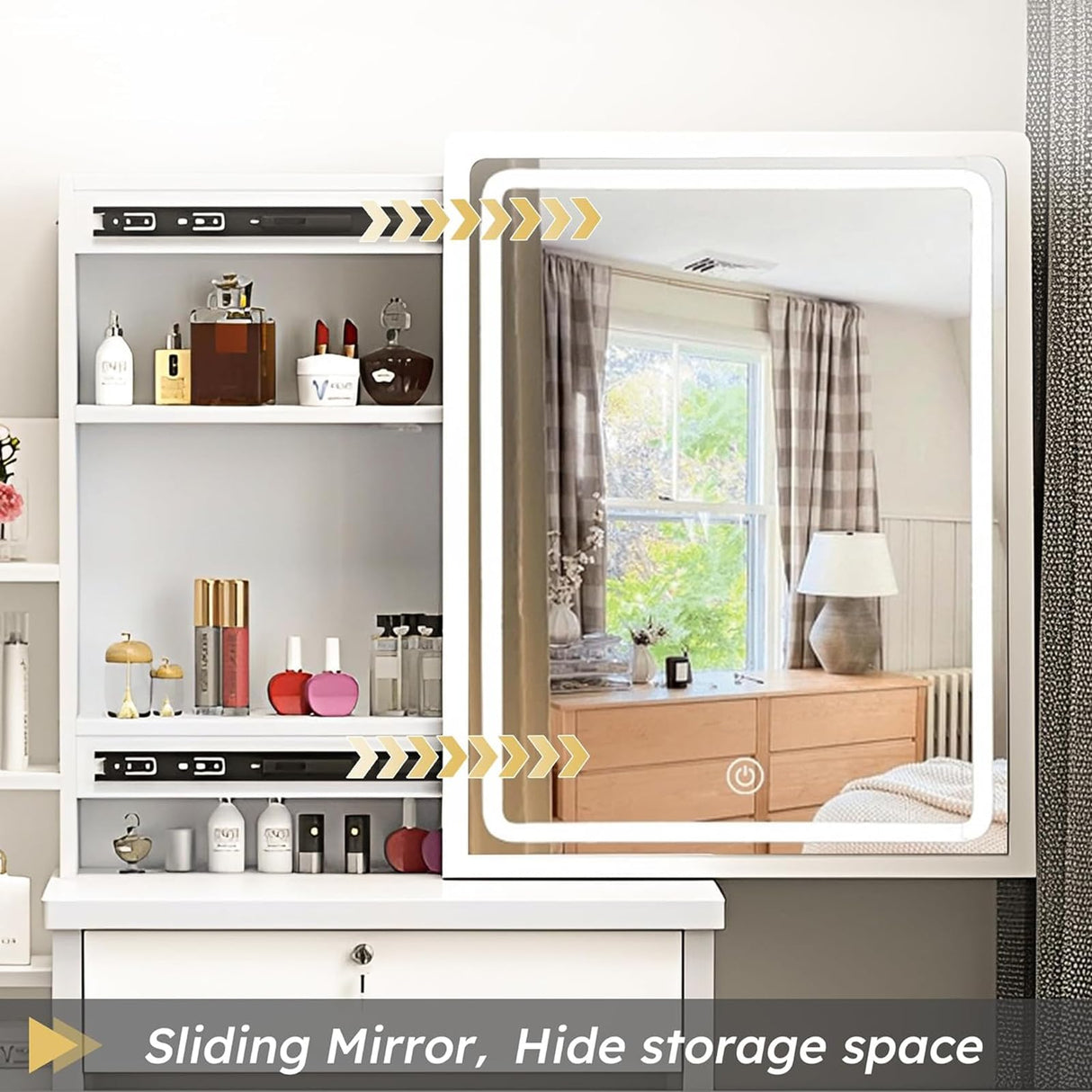 WIIS' IDEA Vanity Desk with Lights,Makeup Vanity with Mirror,Small Vanity with 4 Drawers&Storage Shelves,Vanity Desk with LED Lights,Extra Large Sliding Mirror,3 Lighting Modes,Brightness Adjustable WIIS' IDEA