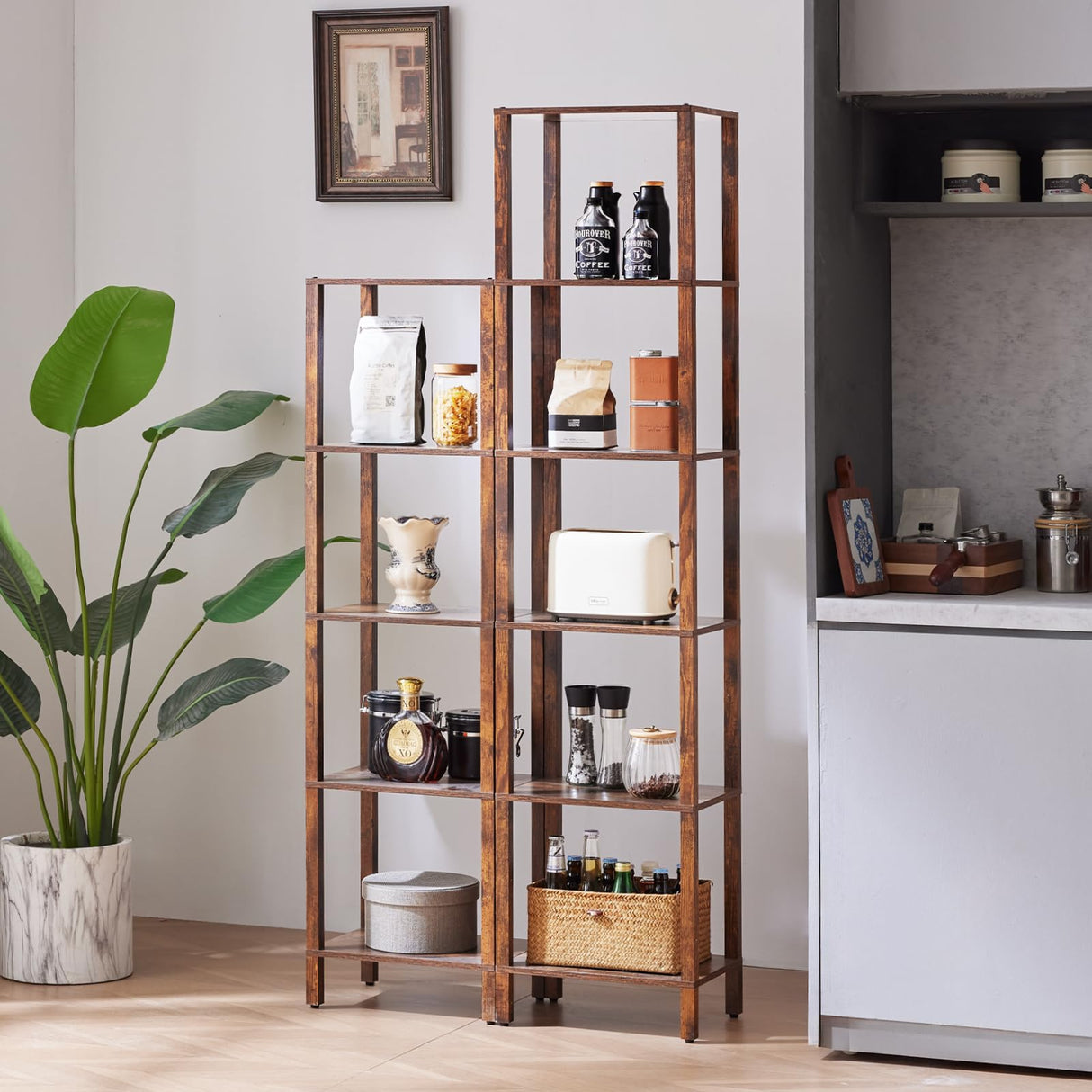 YUFAM 54in Tall Bookshelf 5-Tier Small Narrow Bookcase, Skinny Book Shelf for Small Space, Farmhouse Slim Shelf with Storage, Wood Freestanding Display Thin Bookshelves for Living Room, Office, Brown YUFAM