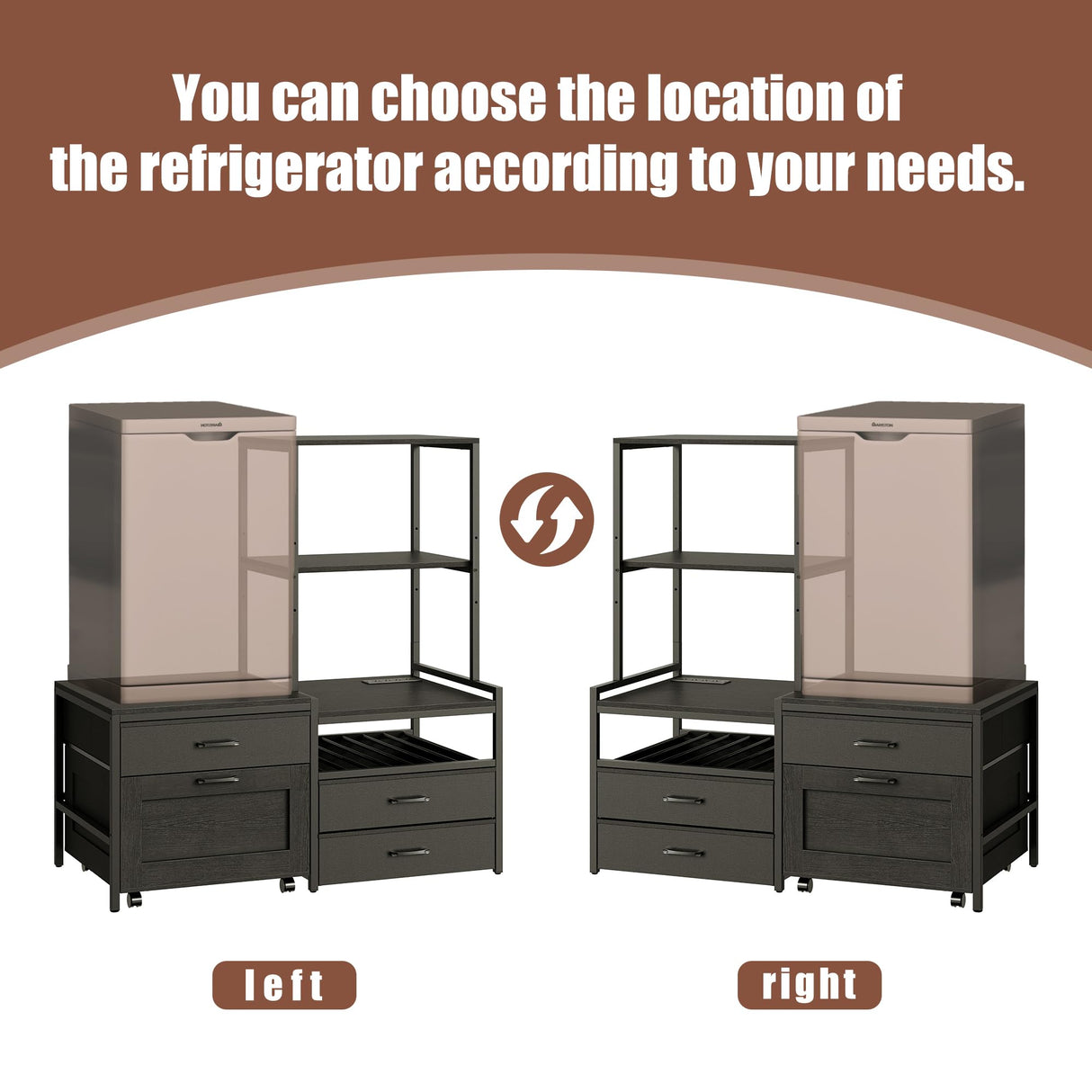 Herture Mini Fridge Stand with Wine Rack, Kitchen Bakers Rack with Power Outlet, Microwave Oven Stand, Coffee Bar, Movable Drawers, for Dorm,Office, Black HB04BXB Herture