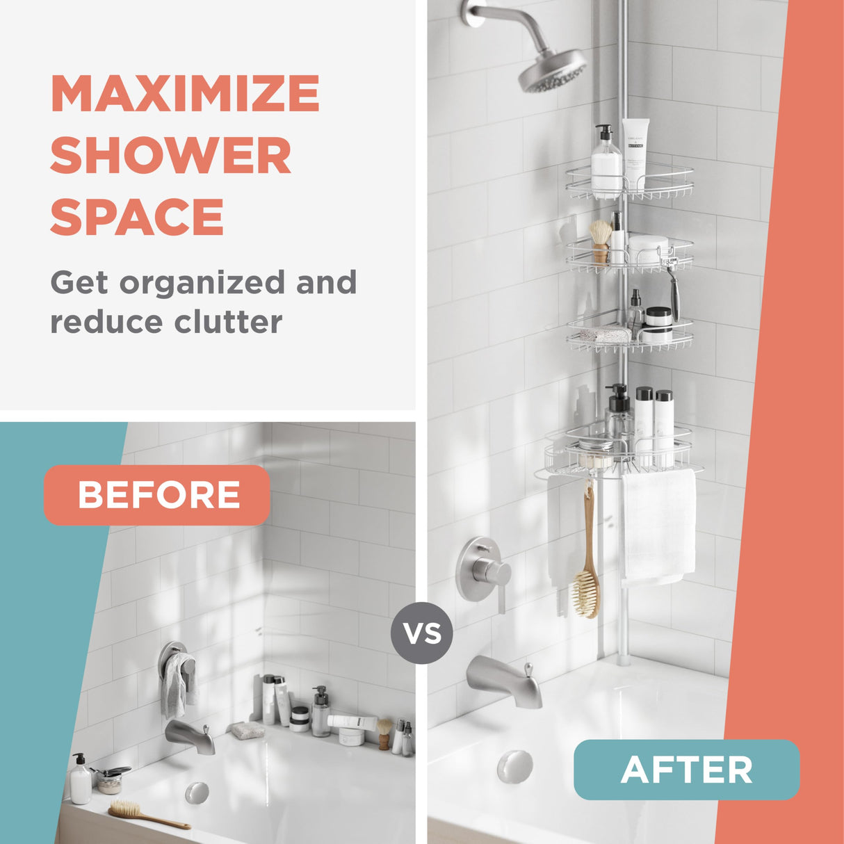 Zenna Home Tension Pole Shower Caddy Corner Organizer, Adjustable Standing Shower Caddy with 4 Baskets and Built in Towel Bar, Rust Resistant Bathroom Tension Rod Organizer, 60 to 97 Inch, Chrome Zenna Home