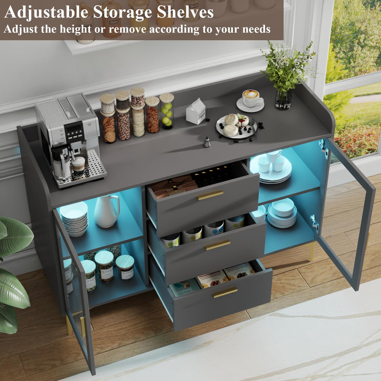 Auromie Sideboard Buffet Cabinet with 3 Drawers, Kitchen Storage Cabinet with LED Light, Coffee Bar Cabinet with Adjustable Shelf,Modern Organizer Cabinet with Door (Grey) Auromie