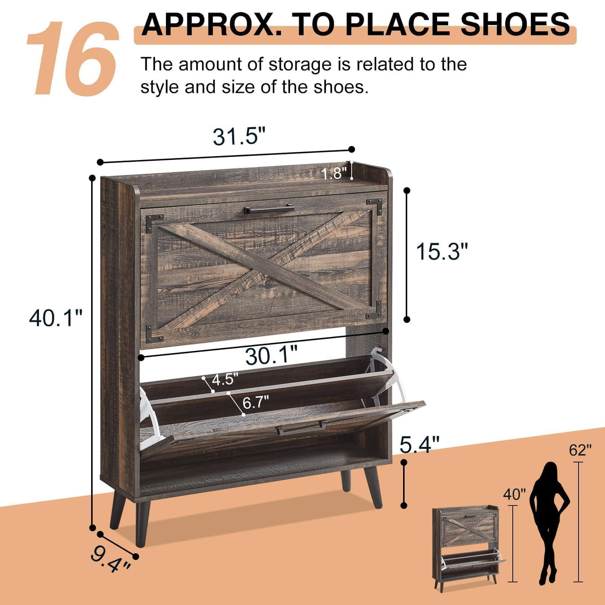 Barnyatoh Shoe Storage Cabinet,Farmhouse Shoe Organizer with 2 Flip Drawers & Barn Door Design,Freestanding Hidden Slim Narrow Shoe Rack Cabinet for Entryway,Foyer,Hallway,Dark Oak Barnyatoh