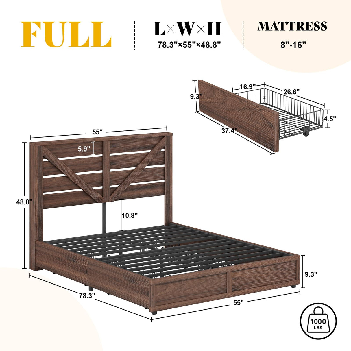AMERLIFE Full Size Farmhouse Bed Frame with 4 Drawers, Wooden Storage Bed Frame with Headboard and Heavy Duty Metal Slats, Noisy Free, Easy Assemble, Rusric Brown AMERLIFE