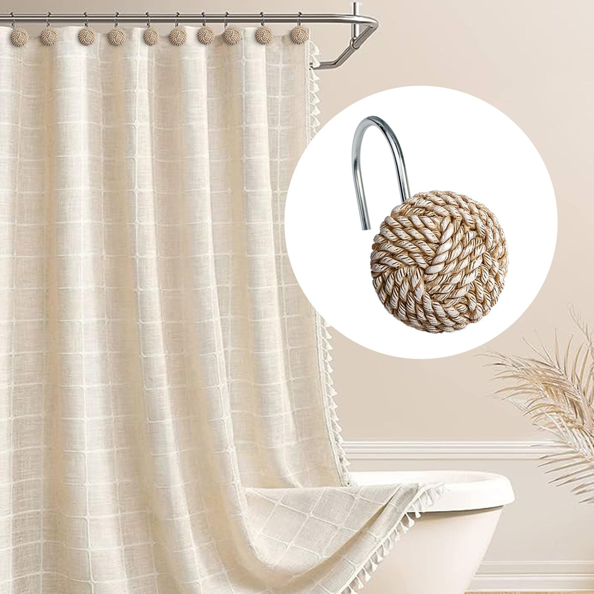 Sunlit Boho Knots Shower Curtain Hooks, Home Decorative Shower Curtain Rings for Bathroom, Seaside Nautical Shower Curtain Hangers Bathroom Accessories, Set of 12 Sunlit