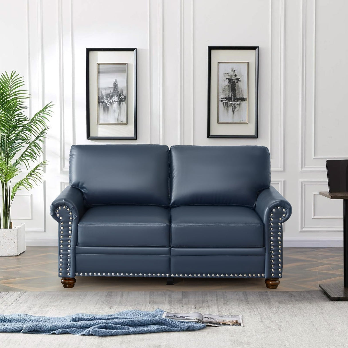 Faux Leather Loveseat Sofa, 59"W Mid Century Modern Couch with Storage, Comfy 2 Seater Sofa with Nailhead Trim & Rolled Armrests, Deep Seat Small Couch for Living Room, Apartment, Office (Navy Blue) JEEOHEY
