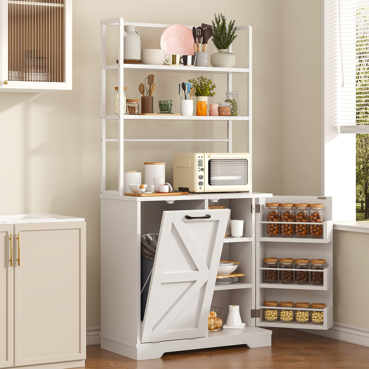 Frmobepts Kitchen Bakers Rack with Storage, 68'' Tall 6 Tier Farmhouse Pantry Cabinet with Trash Bin Cabinet, Microwave Stand Kitchen Cabinet with Hutch,White Frmobepts