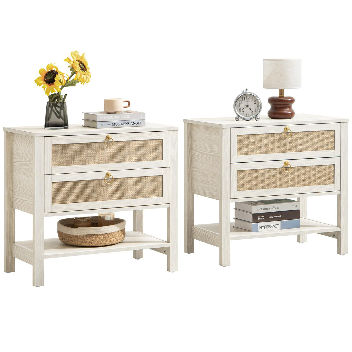 SICOTAS White Night Stand Set of 2, Large Nightstand with Drawers and Storage Shelf - Rattan Boho Bedside Table Narrow Side Table for Bedroom, Small Space SICOTAS