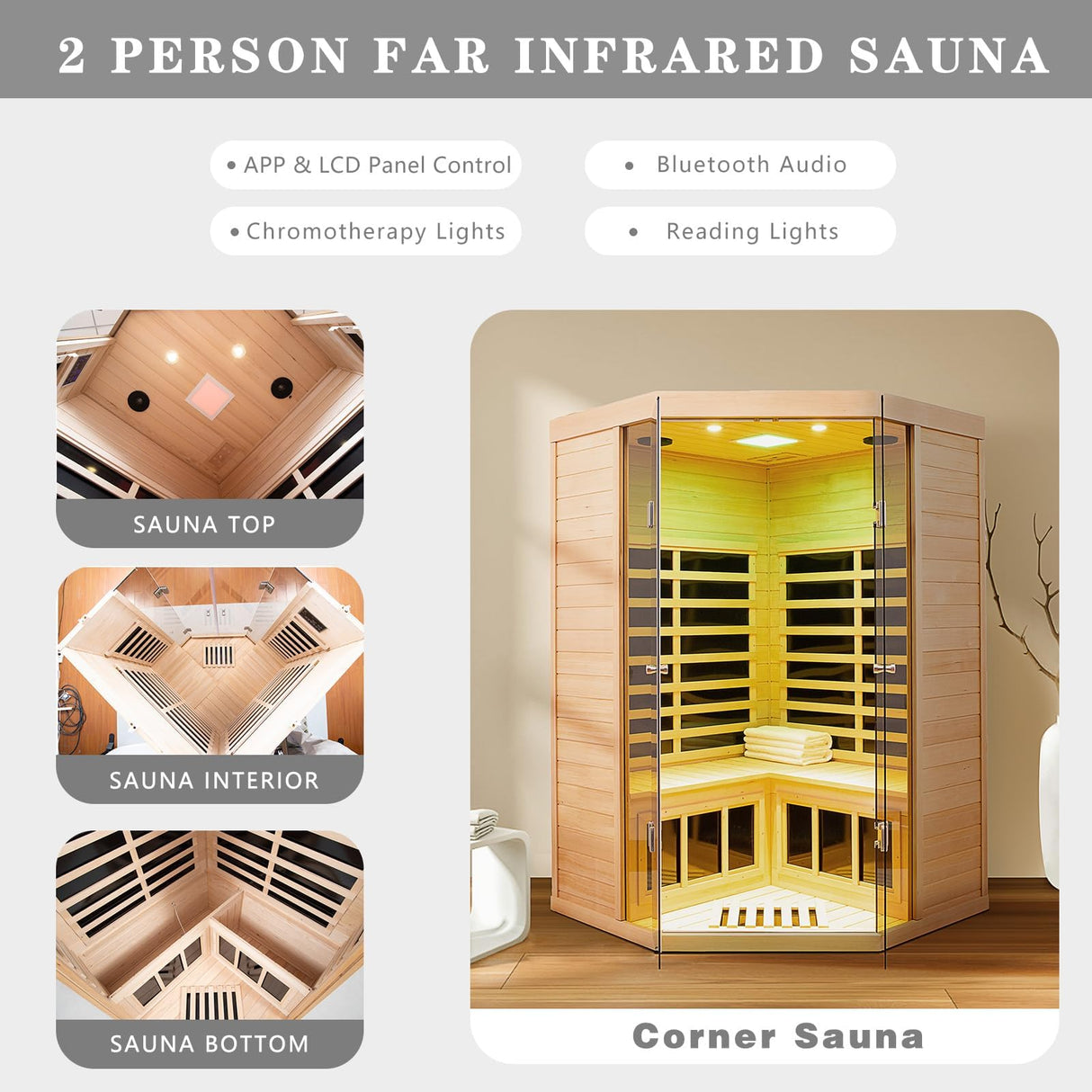 2-3 Person Ultra Low EMF(0-5mG) Far Infrared Sauna, 1520w Hemlock Indoor Sauna Room with APP Control, LCD Panel Control, Constant Temperature Cover, Chromotherapy Lamp, Reading Lamp, Bluetooth Speaker KUNSANA