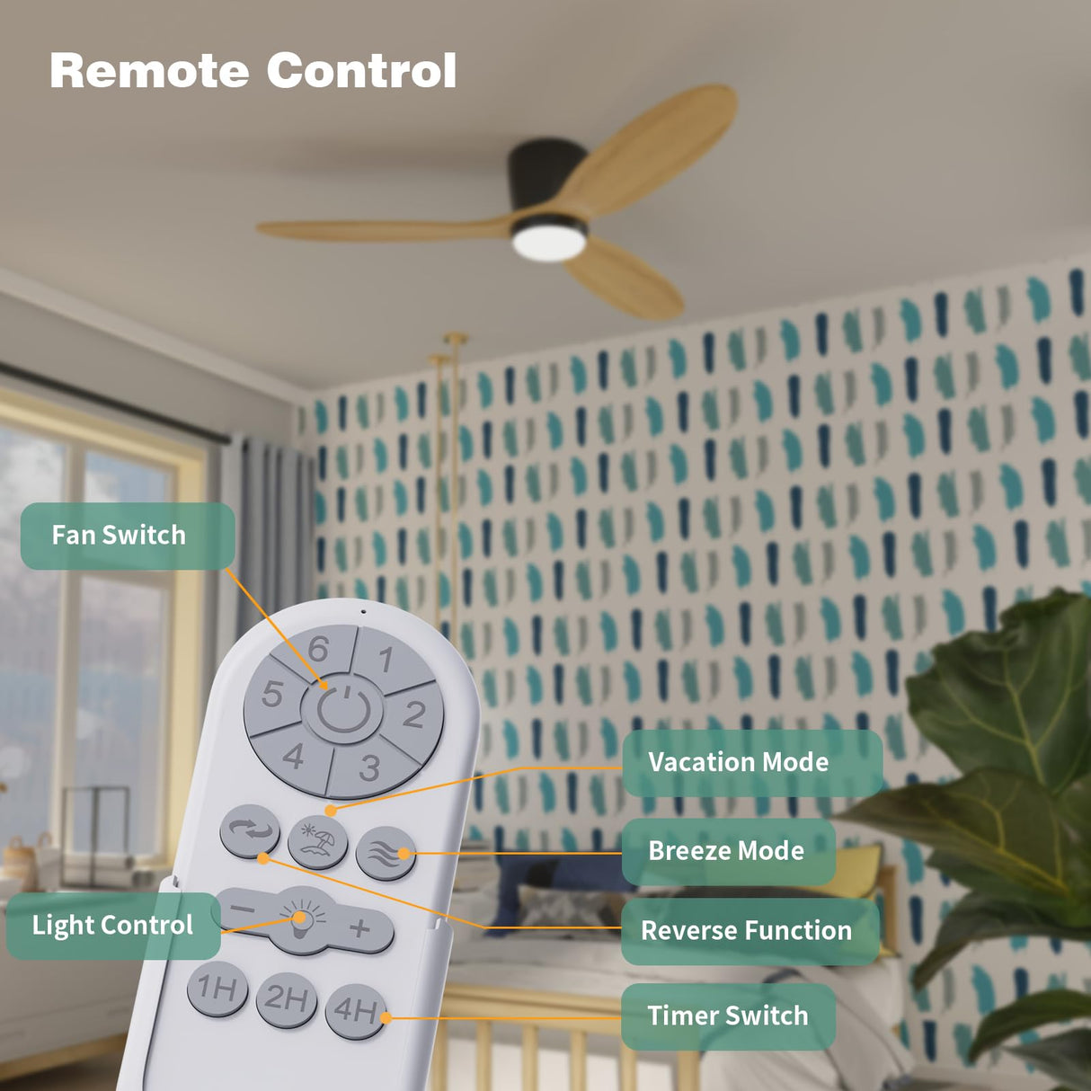 OUATER Flush Mount Ceiling Fan with Light, 52 inch Low Profile Ceiling Fans with Remote for Outdoor/Patios, 3 Color Light, 6 Speed, DC Motor, Wood and Modern Matte Black OUATER