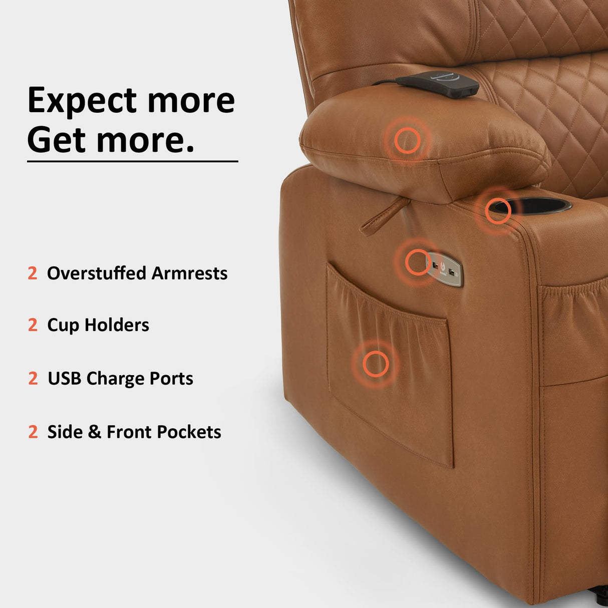 MCombo Power Recliner Chair, Electric Reclining with Heat and Vibration for Adult, Cup Holder, USB Port, Extended Footrest, Faux Leather, for Living Room, PR621 (Saddle) MCombo